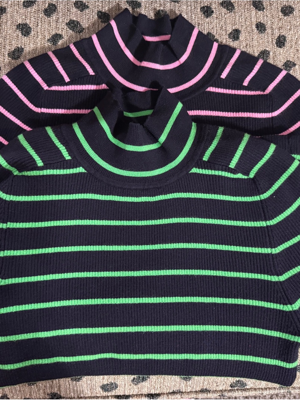 Striped Mock Neck Sweater Top in Navy with Green & Pink Stripes